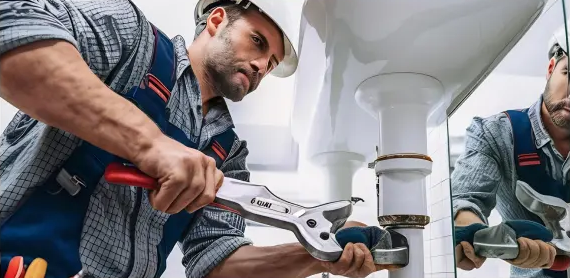 Plumber tightening a bathroom sink drain with a wrench