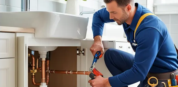 Plumber checking copper pipes under a vanity