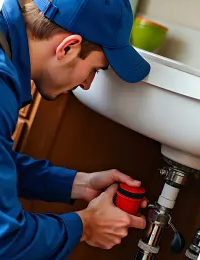 Plumber fixing a leak under a bathroom sink